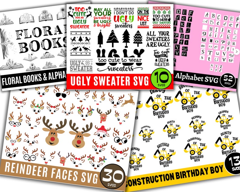 May include: A digital download of 30 SVG files featuring various reindeer faces. The images are black and white with red accents. The text "Reindeer Faces SVG" is displayed in brown text with a white outline. The number 30 is displayed in a circle with a white outline and a brown background.