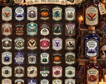 80+Potion Bottle Labels PNG, 80 Fantasy Potion Labels, Printable Witch Labels, Halloween DIY, Magical Bottle Labels, Digital Download
