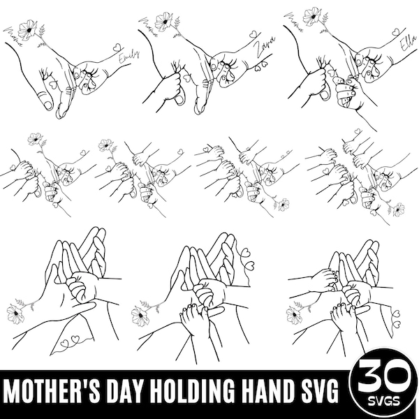 Personalized Up to 7 Kids Floral Mother's Day Holding Hand Svg Png, 1-7 Hands Mom/Grandma and Childs Svg, Mama Flower, Mother's Day Floral