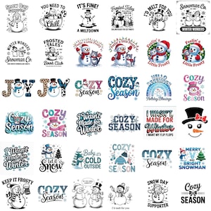May include: A collection of winter-themed designs featuring snowmen and seasonal phrases. The designs include text like "Cozy Season," "Let it Snow," and "I Wasn't Made for Winter." The color palette includes blue, red, and white.