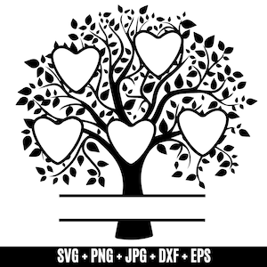 Árbol genealógico SVG de 5 miembros, Árbol de la vida SVG, Reunión familiar SVG, Árbol genealógico con corazón SVG, Árbol genealógico personalizado SVG de 5 nombres, Rama del árbol genealógico