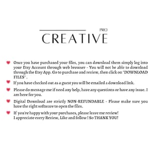 May include: White background with the text "CREATIVE PRO" in a black, stylized font. Below, instructions for digital downloads are listed, including Etsy account login and refund policies. Red heart icons are used as bullet points.