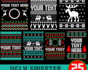 Könnte beinhalten: Ein Set mit 25 hässlichen Weihnachtspullover-Vorlagen mit verschiedenen Mustern und Designs. Die Vorlagen zeigen Rentiere, Schneeflocken und andere festliche Motive. Der Text "YOUR TEXT HERE" erscheint auf mehreren der Vorlagen.