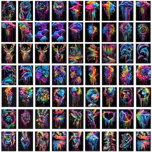 May include: A collection of 100 colorful digital art prints featuring various subjects, including animals, plants, geometric shapes, and abstract designs. Each print is set against a black background and features vibrant colors and intricate details.