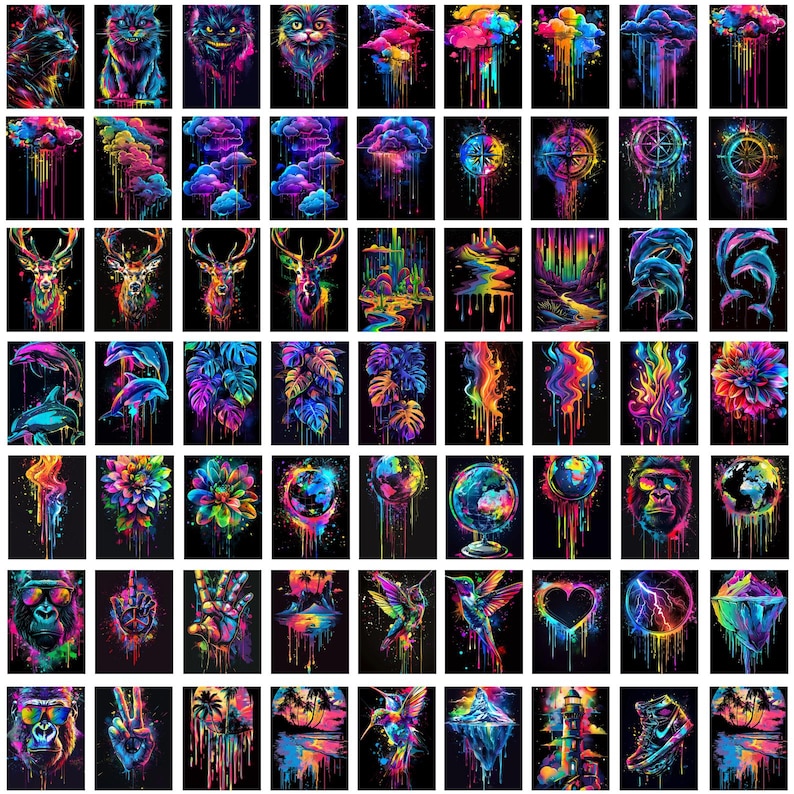 May include: A collection of 100 colorful digital art prints featuring various subjects, including animals, plants, geometric shapes, and abstract designs. Each print is set against a black background and features vibrant colors and intricate details.