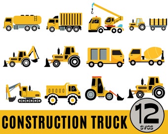12 Pacchetto SVG di costruzione, camion da costruzione, clipart di costruzione, festa di costruzione, camion di compleanno SVG, Evacuatore SVG
