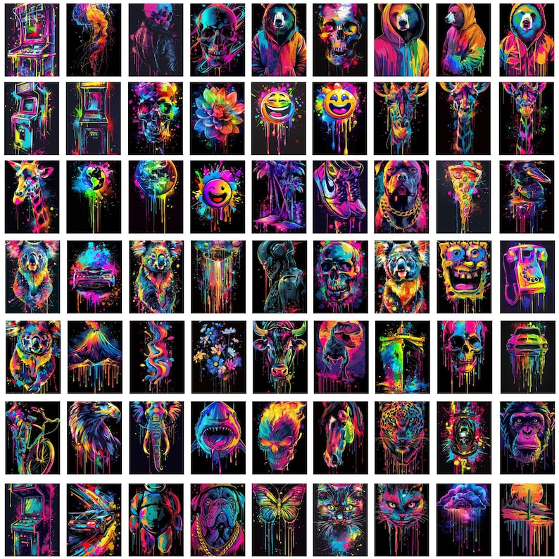 May include: A digital collage of 100 colorful images. Each image is a different design, including animals, skulls, flowers, and abstract patterns. The images are arranged in a grid pattern.