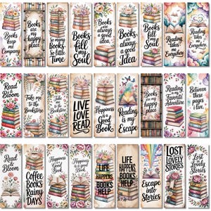 May include: A collection of thirty rectangular bookmarks featuring various illustrations of stacked books, floral accents, and inspirational text such as Books are my happy place, Reading is my escape, and Life happens books help.