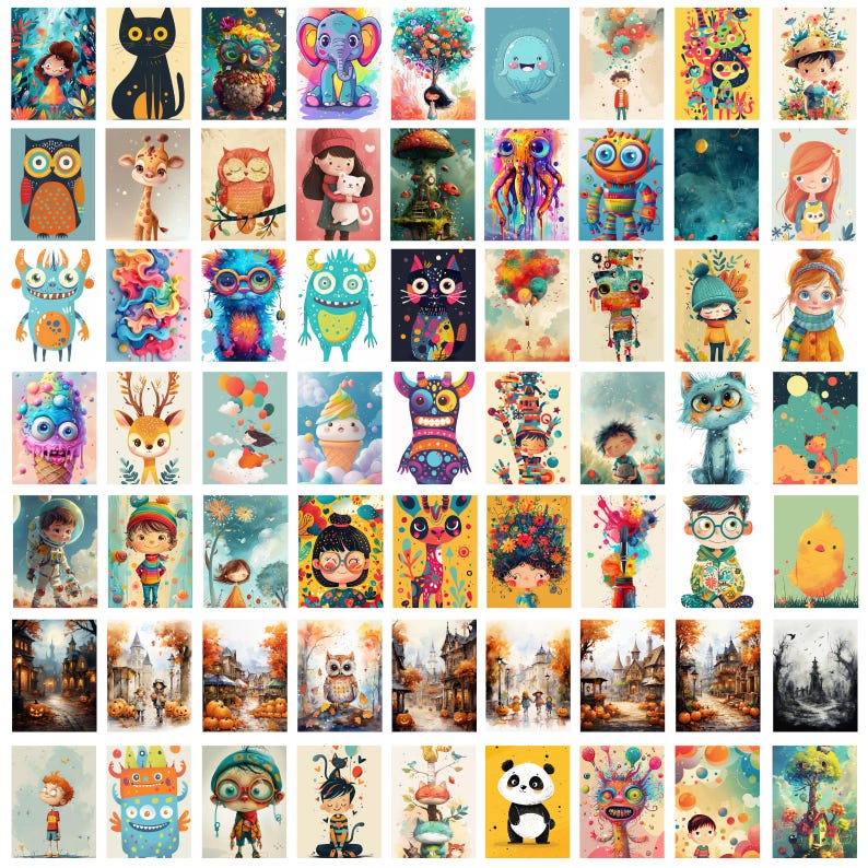 May include: A collection of 48 colorful digital illustrations featuring various characters, animals, and objects. The illustrations are in a cartoon style and include a variety of themes, such as nature, fantasy, and everyday life.