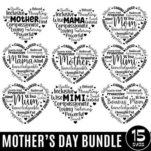 Heart Shape Mom Svg Bundle, Heart Shape Mother's day, Mama svg, Heart Shape Grandma svg, Mother's Day Gift svg, Mom Shirt svg