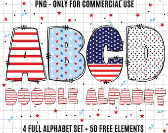 4TH July USA Letters Png Bundle, Patriotic Doodle Alphabet, USA letters png, Numbers & Accessories, Red White Blue Design, USA Letters Png