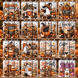 May include: A collection of sixteen stainless steel tumblers featuring various Halloween-themed designs including ghosts, pumpkins, sunflowers, black cats, and text such as Spooky Season, Boo Crew, Hocus Pocus, and Fall Vibes with colorful autumn motifs.
