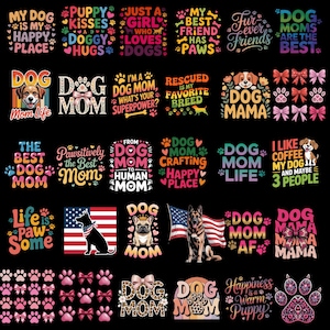 May include: A collection of dog-themed designs on a black background. The designs include phrases like "Dog Mom," "Puppy Kisses," and "My Best Friend Has Paws." Images of dogs, paw prints, and bows are also featured.