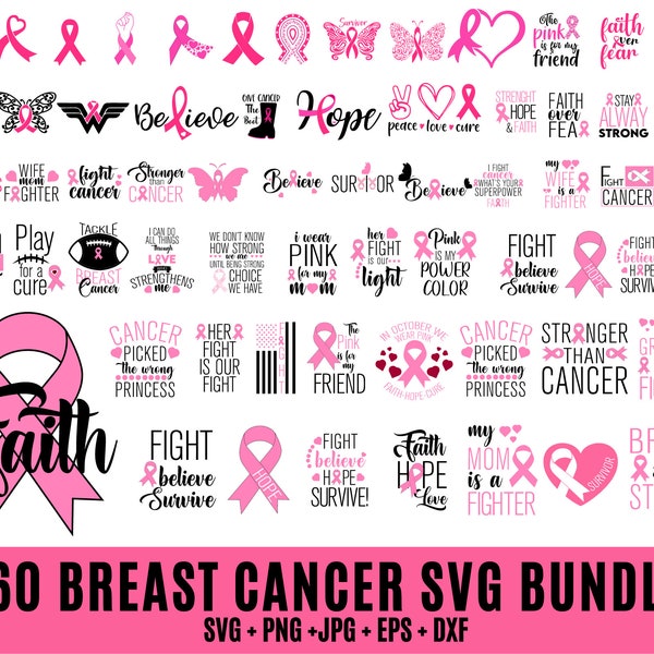 60 Breast Cancer SVG Bundle, Pink Awareness ribbon Svg,Cancer Awareness svg,  Fight Cancer Svg, Cancer Quote Svg,tackle cancer svg