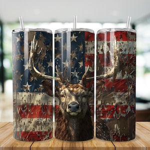 May include: Three stainless steel tumblers with a distressed American flag design and a deer head image. The tumblers are a patriotic design with red, white, and blue colors.