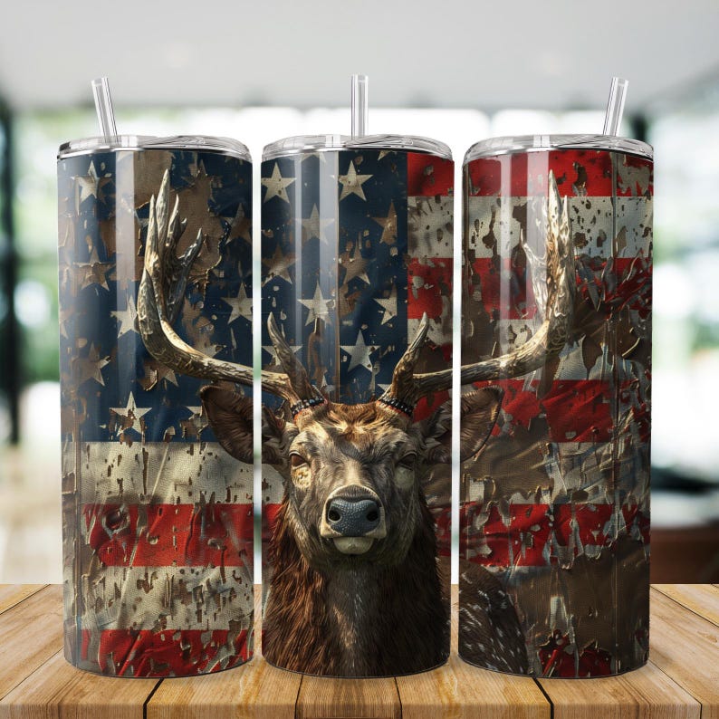 May include: Three stainless steel tumblers with a distressed American flag design and a deer head image. The tumblers are a patriotic design with red, white, and blue colors.
