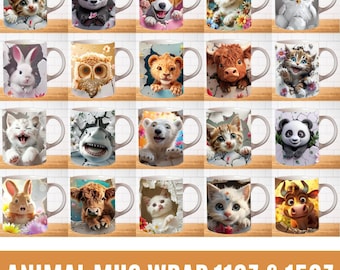 3D Animals Mug Wrap PNG Bundle, 11 oz & 15oz Mug Wrap Sublimation Designs, 3D Kitten Hole In A Wall Mug, Cute Cat Dog Highland Cow Mug