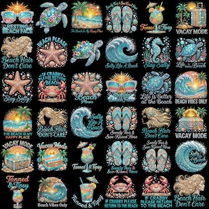 May include: A collection of colorful beach-themed graphic designs on a black background, featuring illustrations of sea turtles, starfish, crabs, waves, flip-flops, cocktails, suitcases, and sun-kissed hair, accompanied by various vacation-themed text.