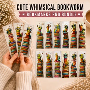 Leuke, speelse boekenwurm-boekenleggers, printbare boekenlegger PNG, knutselproject voor kinderen die lezen, boekenlegger cadeau-idee, leuke boekenlegger sublimatieontwerpen