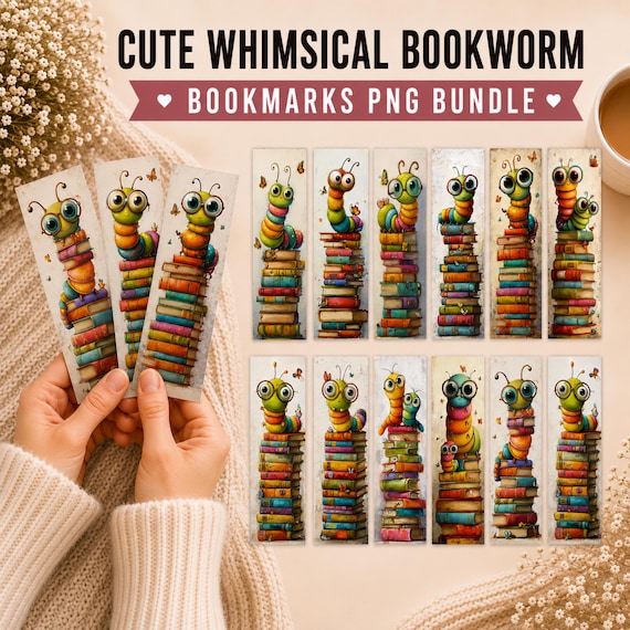 Cute Whimsical Bookworm Bookmarks, Printable Bookmark PNG, Kids Reading Craft, Bookmark Gift Idea, Fun Bookmark Sublimation Designs
