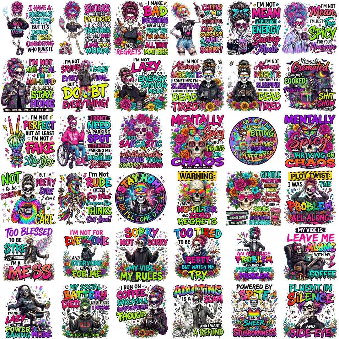 50 Funny Antisocial Skull Quotes PNG Bundle, Sarcastic Skeleton ...