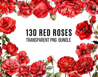 100 Red Roses Clipart Bundle, Watercolor Floral Clipart, Red and Blush Flowers PNG, Wedding Flower Png, Digital Download