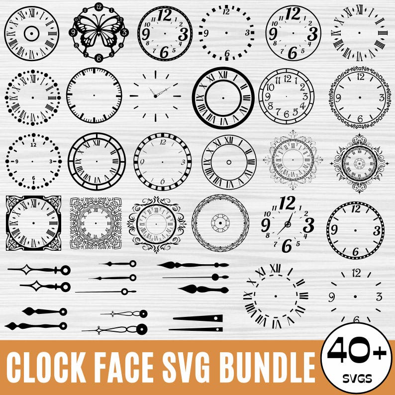 May include: A collection of 40+ clock face SVG designs, including various styles, shapes, and sizes. The designs feature Roman numerals, Arabic numerals, and decorative elements. The SVG files are perfect for crafting projects, such as creating custom clocks, wall art, and home decor.