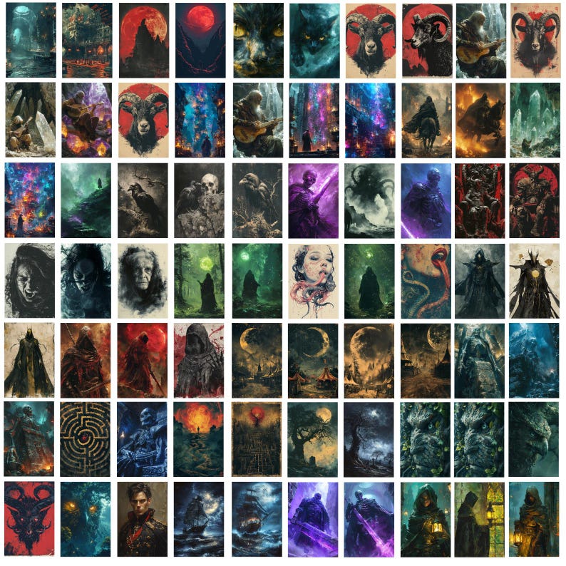 Pode incluir: Uma colagem de 64 imagens com temas de fantasia sombria e terror. As imagens retratam v&aacute;rias criaturas, paisagens e personagens, incluindo um bode com chifres, um corvo, uma caveira, uma mulher com uma cobra, uma figura encapuzada e uma cena de floresta.