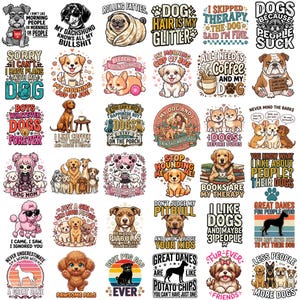 May include: A collection of thirty-six square stickers featuring various dog breeds, cartoon illustrations, and humorous text slogans about dogs, coffee, and social preferences in a variety of colorful, graphic, and typographic designs.