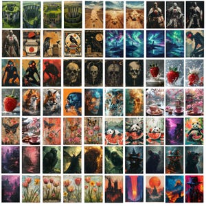 Pode incluir: Uma colagem de 100 imagens de arte digital diferentes. As imagens s&atilde;o uma mistura de estilos abstratos, surrealistas e realistas. Algumas das imagens apresentam animais, paisagens e pessoas. As imagens est&atilde;o todas em uma variedade de cores e estilos.