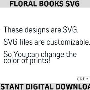 May include: Text on a white background that reads "FLORAL BOOKS SVG" in black text. Below the text are three bullet points with information about the SVG files. The text reads: "These designs are SVG. SVG files are customizable. So You can change the color of prints!" Below the bullet points is the text "PRO CREATIVE" in black text on a white background. Below that is the text "INSTANT DIGITAL DOWNLOAD" in black text on a white background.