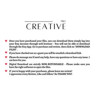 May include: White background with the text "PRO CREATIVE" at the top. Below, instructions for downloading files purchased on Etsy are listed, including a note about non-refundable digital downloads. The text is in a clean, sans-serif font.