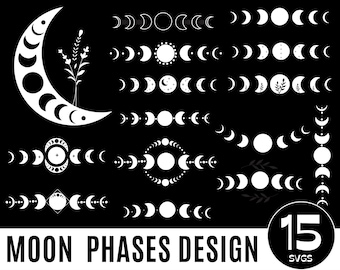 May include: A set of 15 black and white moon phase SVG designs. The designs include a full moon, crescent moon, and various other moon phases. The designs are perfect for creating crafts, invitations, and other projects.