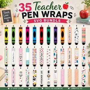35 Lehrer-Stifthüllen (SVG-Bundle), Glitzer-Stiftmuster (SVG), Lehrer-Stifthüllen (SVG), Buntstift-Stifthüllen, Schul-Stifthüllen