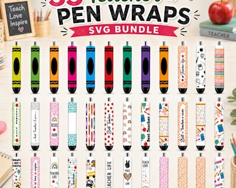 Pacote com 35 capas para canetas em formato SVG para professores, incluindo padrões de canetas com glitter, capas para canetas em formato de lágrima, capas para canetas em formato de giz de cera e capas para canetas escolares.