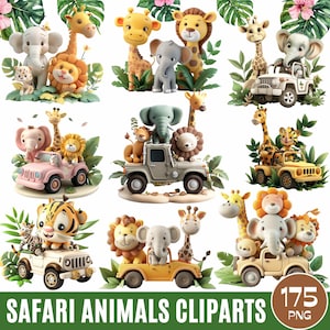 Lot de 175 aquarelle animaux de safari, mignons animaux de safari PNG, éléphant girafe tigre singe, chambre de bébé Safari PNG, animaux de la jungle