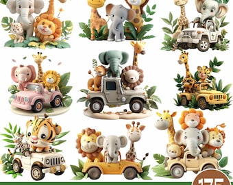 May include: A set of 175 safari animal clipart images in PNG format. The images feature a variety of animals, including elephants, giraffes, lions, and tigers, in various poses and settings. The animals are depicted in a cartoon style with bright colors and playful expressions.