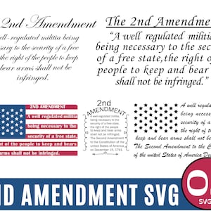 May include: A blue and white graphic with the text "The 2nd Amendment" and the text of the Second Amendment to the United States Constitution. The graphic also includes a red, white, and blue American flag and a red circle with the number "05" and the text "SVGS".
