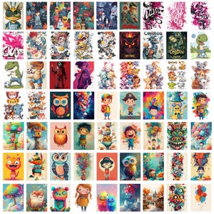 May include: A collection of 64 colorful digital illustrations featuring various characters, animals, and abstract designs. The illustrations are in a cartoon style and feature bright colors and whimsical details.