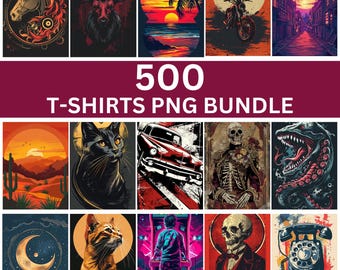 May include: A collection of 500 T-shirt designs featuring a variety of colorful and creative illustrations. The designs include a unicorn, a deer, a sunset, a motorcycle, a city street, a cactus, a black cat, a red car, a skeleton, an octopus, a cat, a gamer, a skull, and a rotary phone.