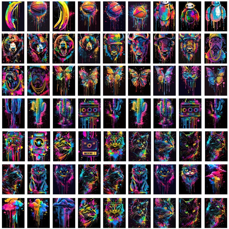 May include: A digital collage of 100 colorful images, each featuring a different design. The designs include animals, geometric shapes, and abstract patterns. The images are arranged in a grid pattern, and each image is surrounded by a black border.