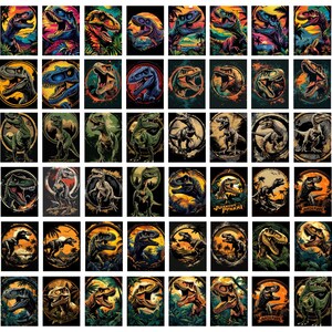 May include: A digital collage of 100 colorful illustrations of dinosaurs in various poses and settings. Each dinosaur is depicted in a unique style, with vibrant colors and intricate details. The dinosaurs are set against a variety of backgrounds, including lush forests, rocky mountains, and open plains.