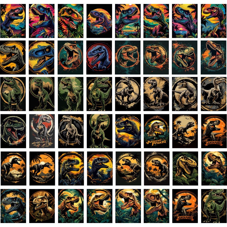 May include: A digital collage of 100 colorful illustrations of dinosaurs in various poses and settings. Each dinosaur is depicted in a unique style, with vibrant colors and intricate details. The dinosaurs are set against a variety of backgrounds, including lush forests, rocky mountains, and open plains.