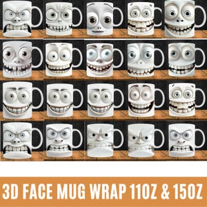 3D lustige Gesichter Becher Wrap Bundle, 11 Unze und 15 Unze Becher Bundle Sublimation, lustiger sarkastischer 3D Becher, lustige Cartoon Gesichter Becher Png, digitaler Download