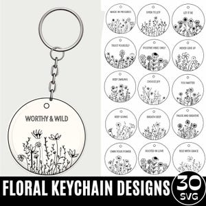 30 Floral Keychain SVG Bundle, Keychain Pattern Svg, Round Wristlet Keychain, Key Ring Svg, Acrylic Keychain svg, Cut File Digital Download