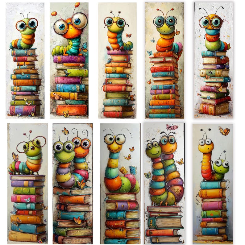 May include: A set of nine whimsical bookmarks featuring colorful cartoon caterpillars with large glasses perched atop stacks of books. Each bookmark has a unique caterpillar design and book arrangement, with butterflies scattered around.