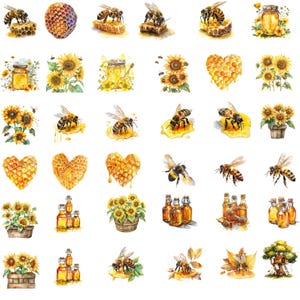May include: A collection of watercolor illustrations featuring bees, honeycombs, sunflowers, and honey jars. The illustrations are perfect for adding a touch of nature to your crafts, scrapbooking, or other creative projects.