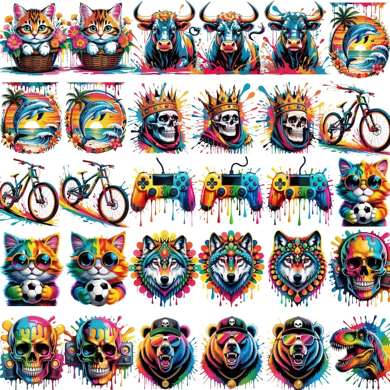 May include: A collection of colorful digital art prints featuring various subjects. The images include cats in baskets, bulls, dolphins, skulls with crowns, bicycles, game controllers, cats with soccer balls, wolves, bears, and a dinosaur.