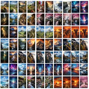 Pode incluir: Uma cole&ccedil;&atilde;o de 64 pinturas digitais que retratam v&aacute;rias paisagens, incluindo montanhas, florestas, cachoeiras, rios e pontes. As pinturas s&atilde;o de v&aacute;rios estilos, do realista ao abstrato.