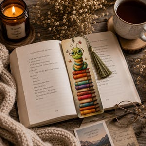 Cute Whimsical Bookworm Bookmarks, Printable Bookmark PNG, Kids Reading Craft, Bookmark Gift Idea, Fun Bookmark Sublimation Designs image 2